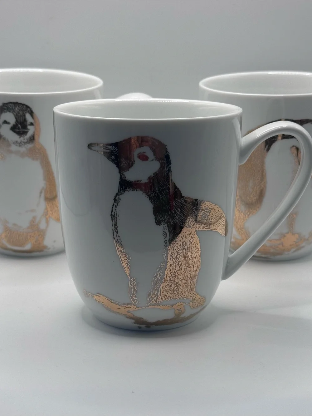 PIER 1 Gold Foiled Emperor Penguin Porcelain Mugs/Cups, Set of 3